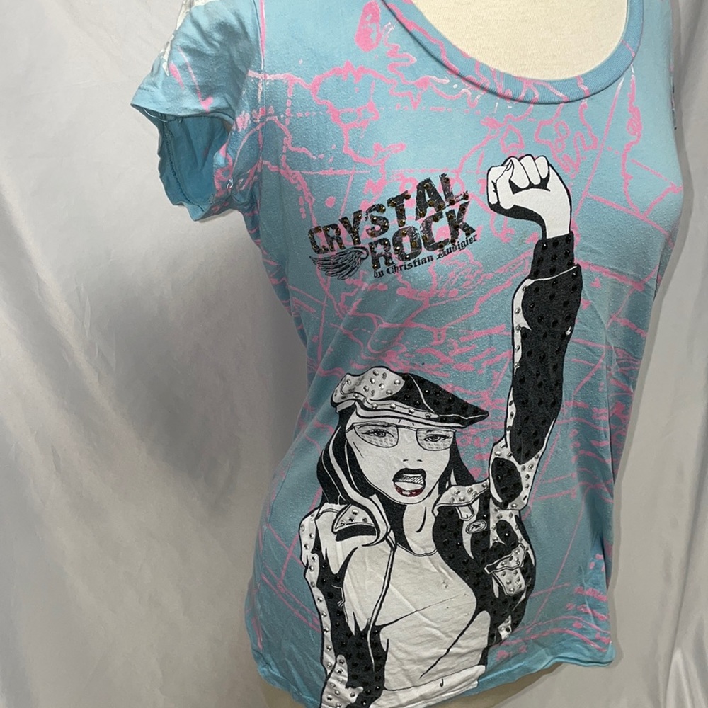 Vintage Crystal Rock by Christian Audigier Star Rhinestone Shirt Size L
